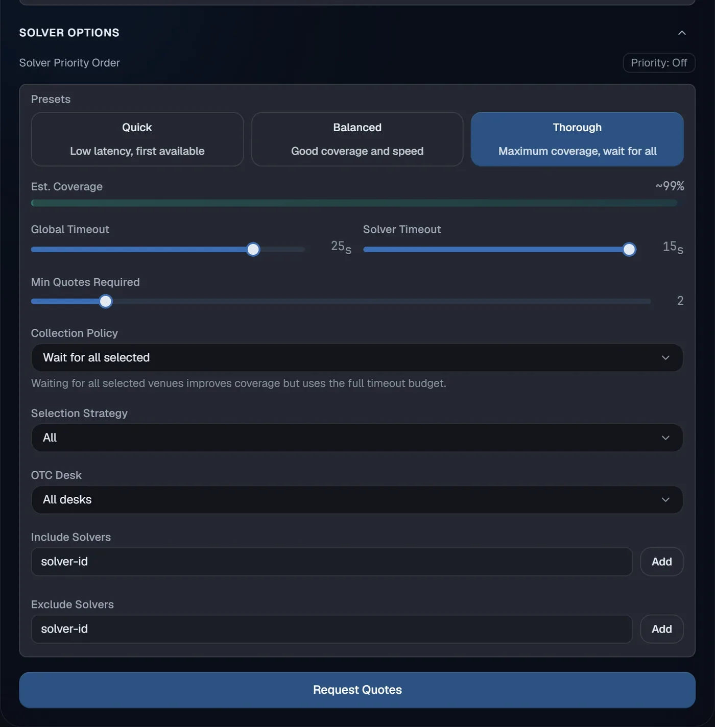 Solver options: presets, coverage, timeouts, minimum quotes