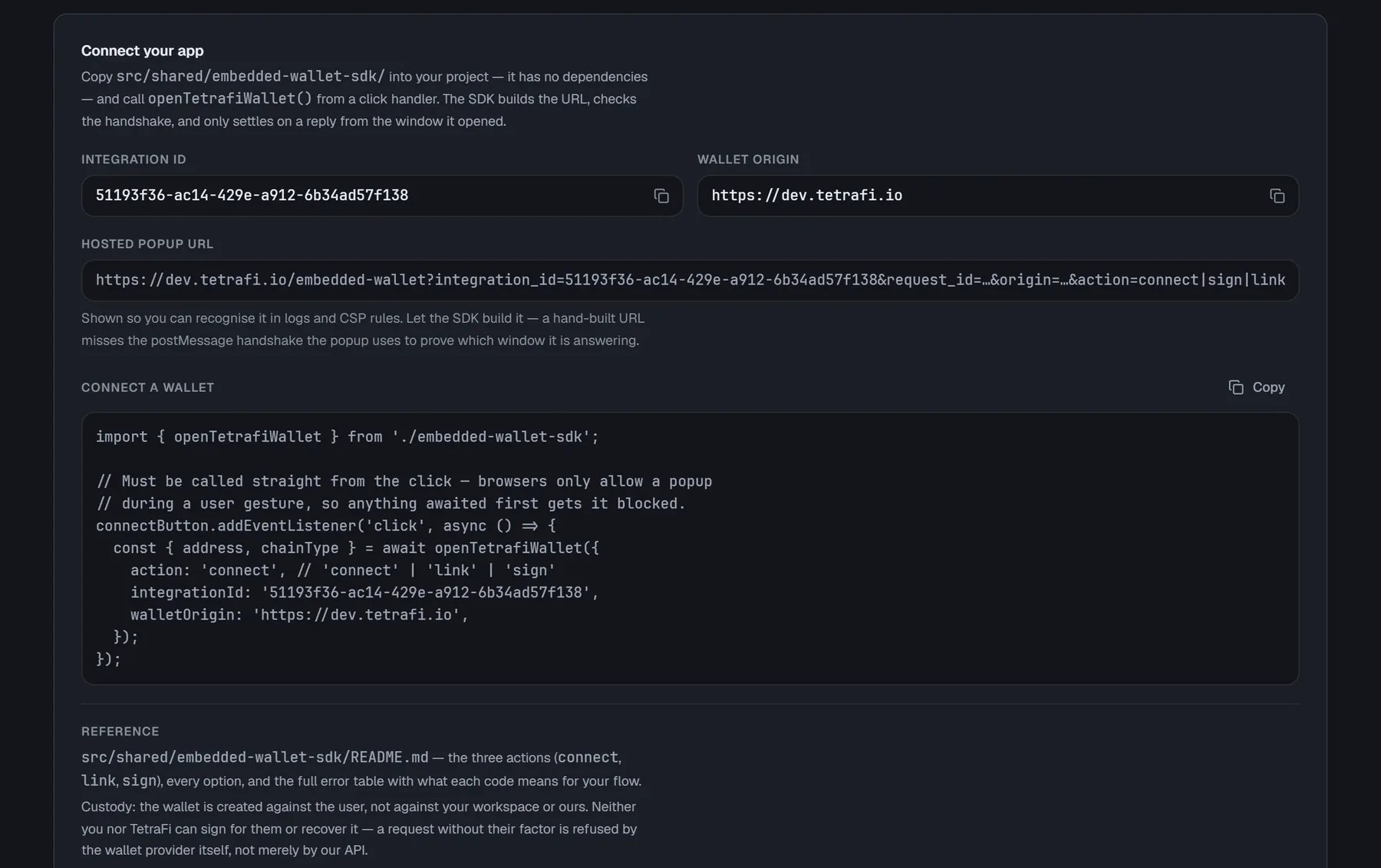 Embedded wallet SDK: connect your app with an integration id and one import