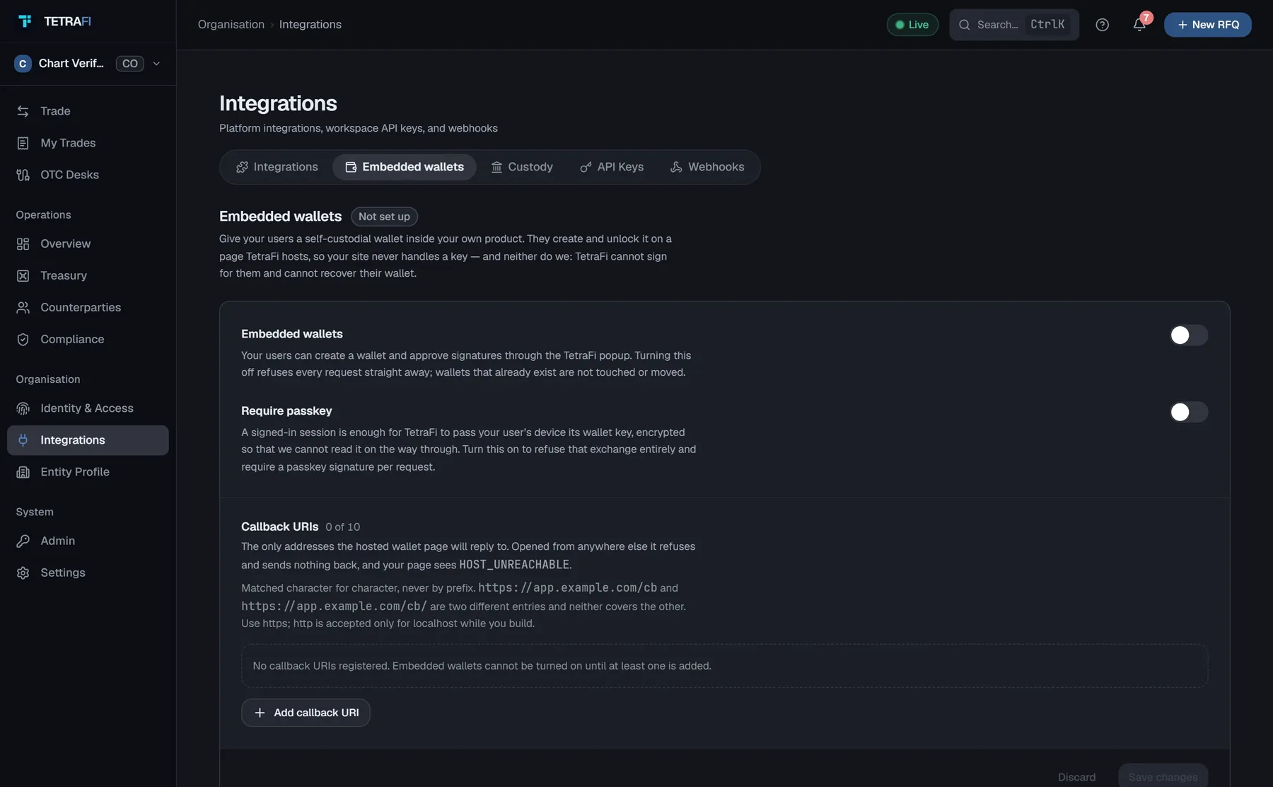 Integrations screen: embedded wallets, custody, API keys and webhooks