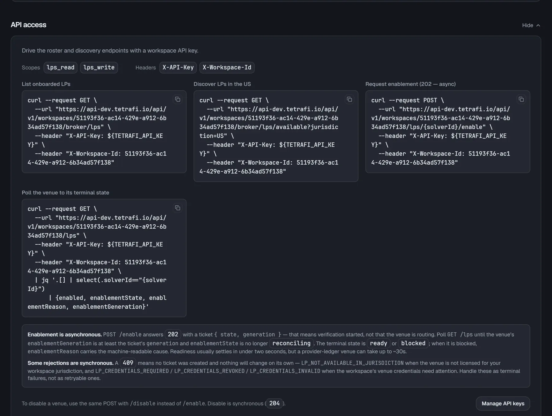 API access: list, discover and enable venues with a workspace API key